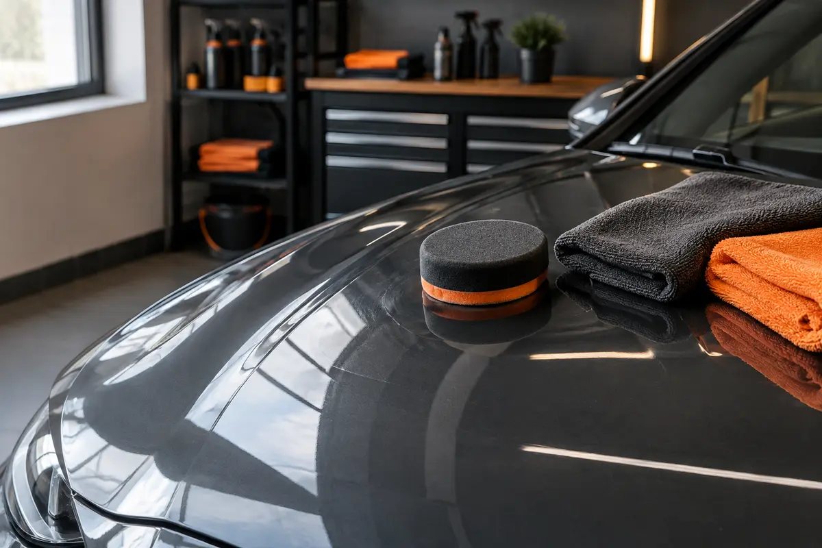 Capot bleu propre avec applicateur manuel et microfibre posés à côté d’une zone de carrosserie polie.
