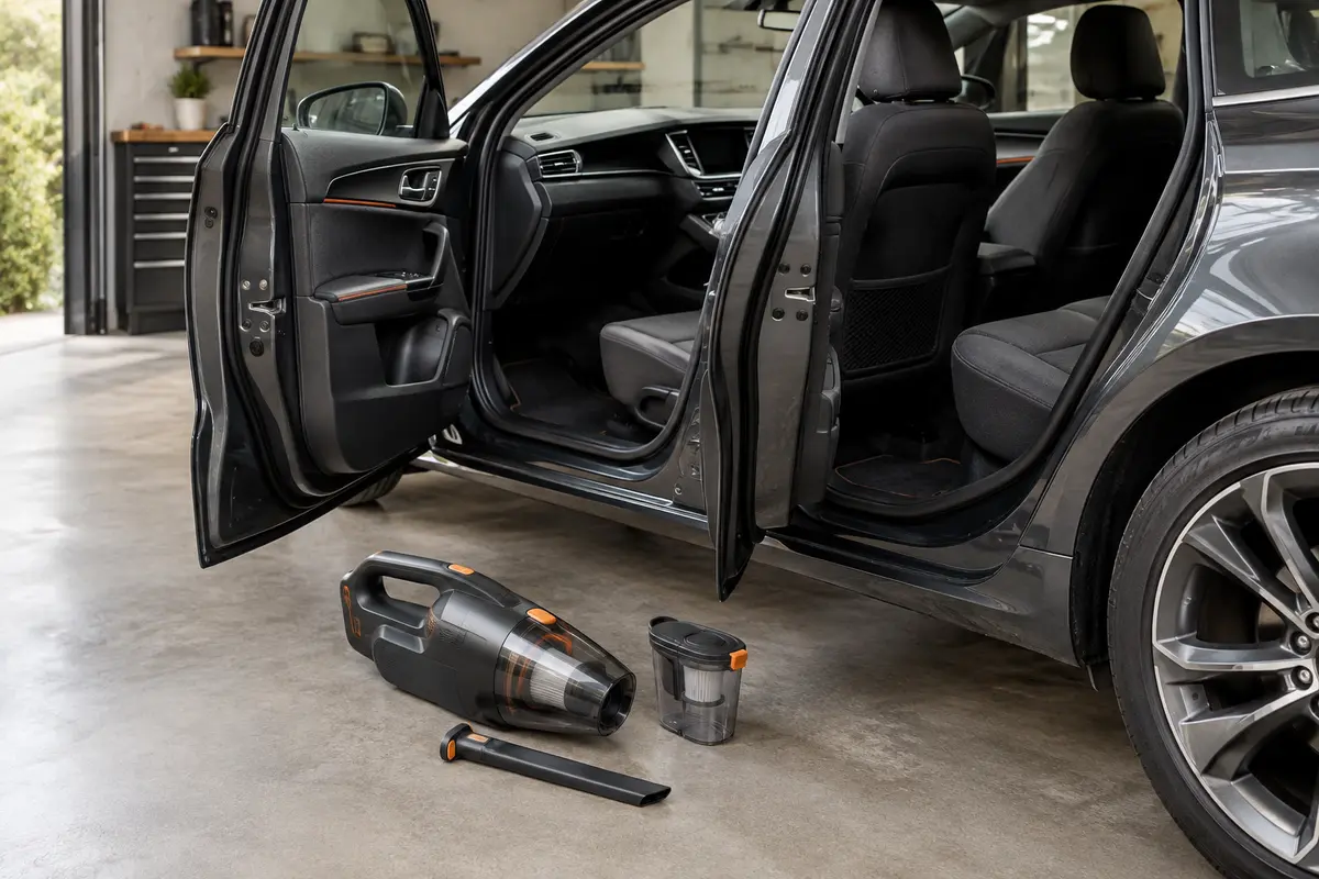 Aspirateur à main compact près d’une voiture, avec tapis, siège en tissu et embout pour les recoins