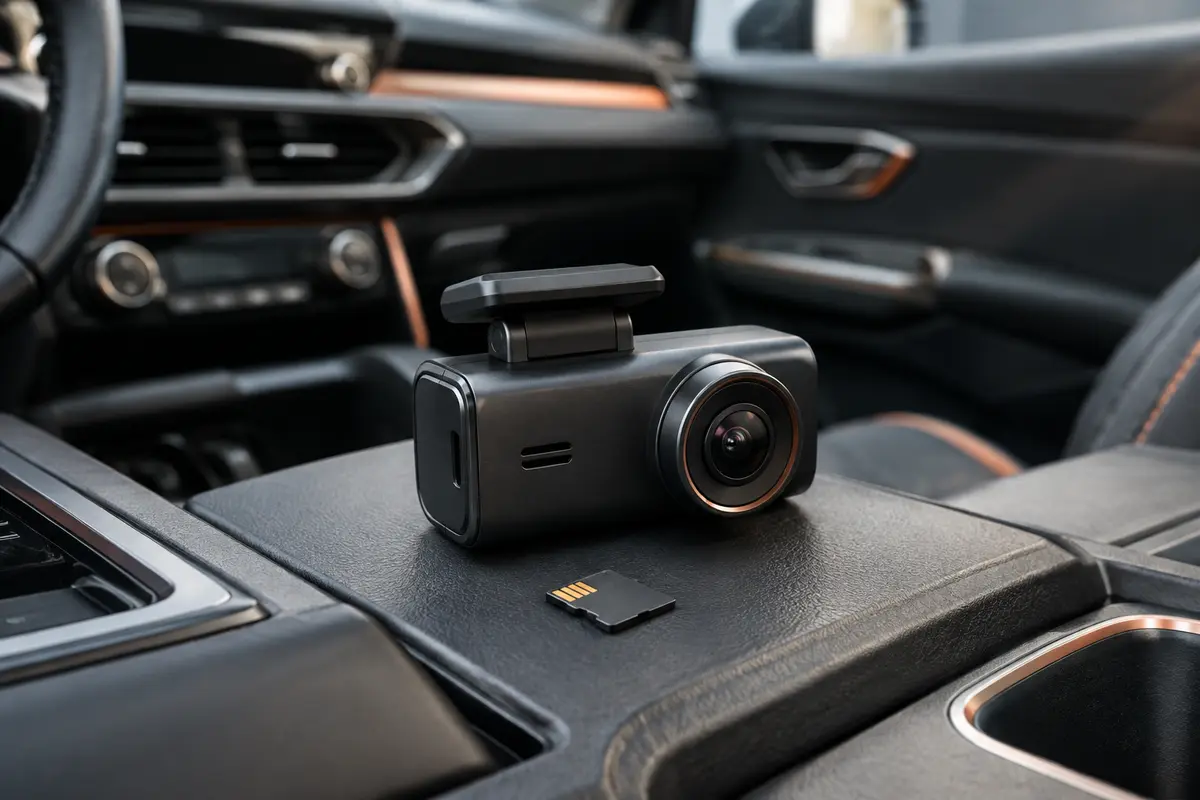 Dashcam installée derrière un rétroviseur avec une carte mémoire microSD posée sur la console