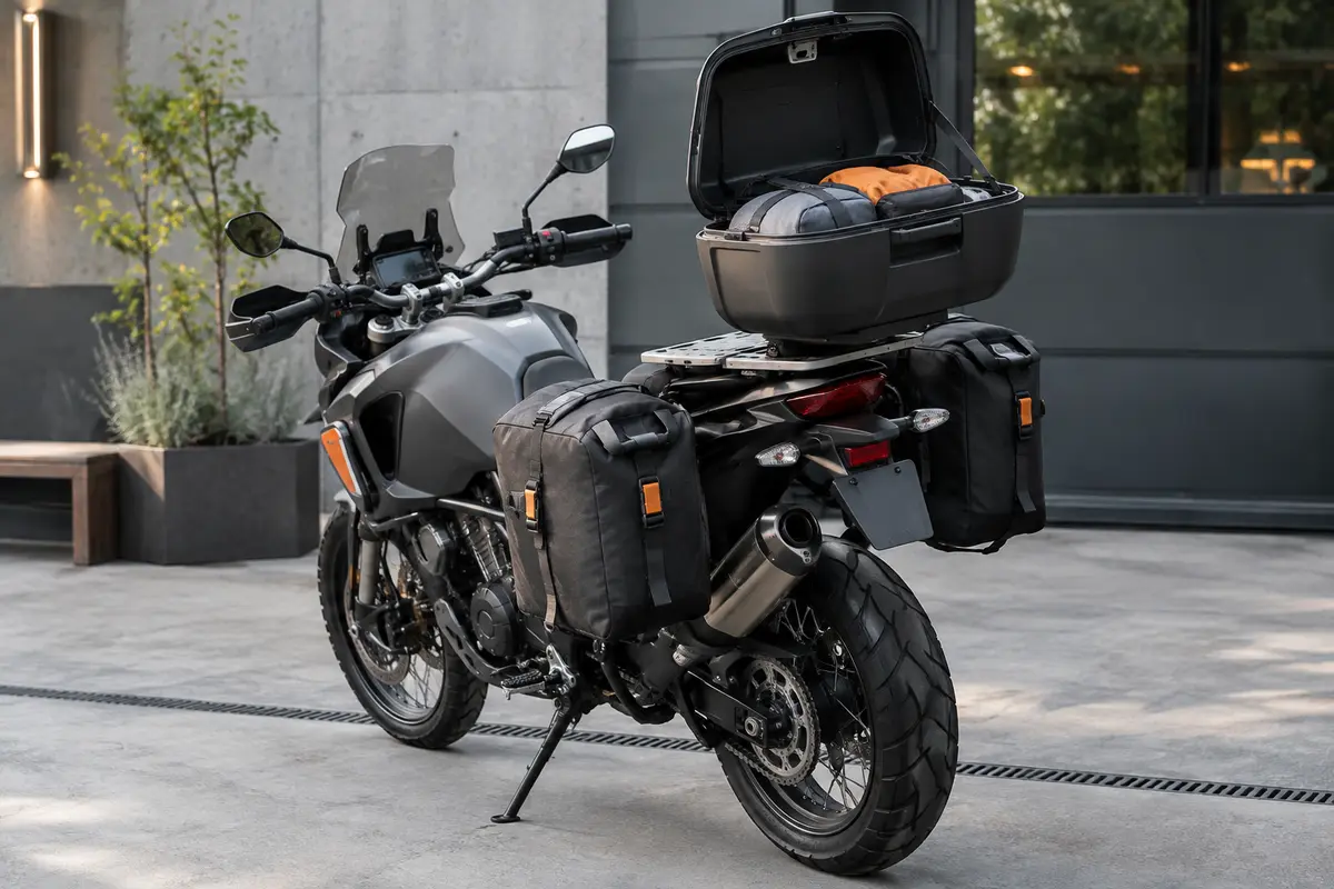Top case de moto ouvert avec des affaires rangées bas et réparties au fond du coffre