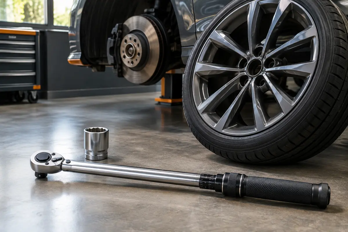 Clé dynamométrique et douille posées près d’une roue de voiture dans un garage