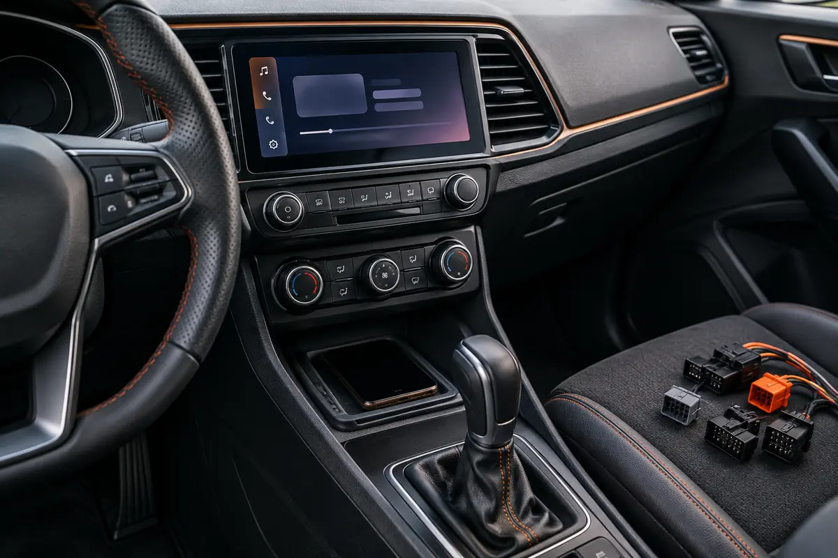 Autoradio installé dans une voiture avec un téléphone à proximité et les commandes au volant visibles.
