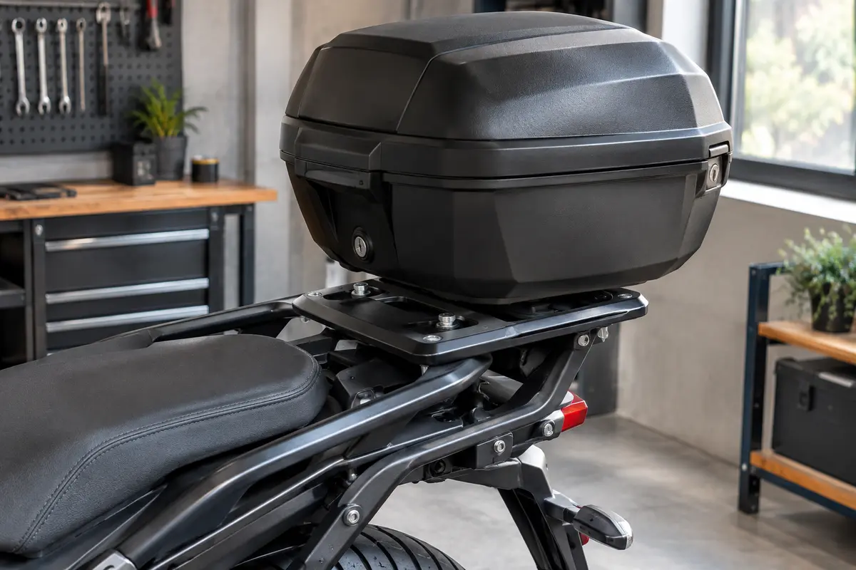 Vue rapprochée d’un top case moto installé sur une platine fixée au porte-bagages arrière