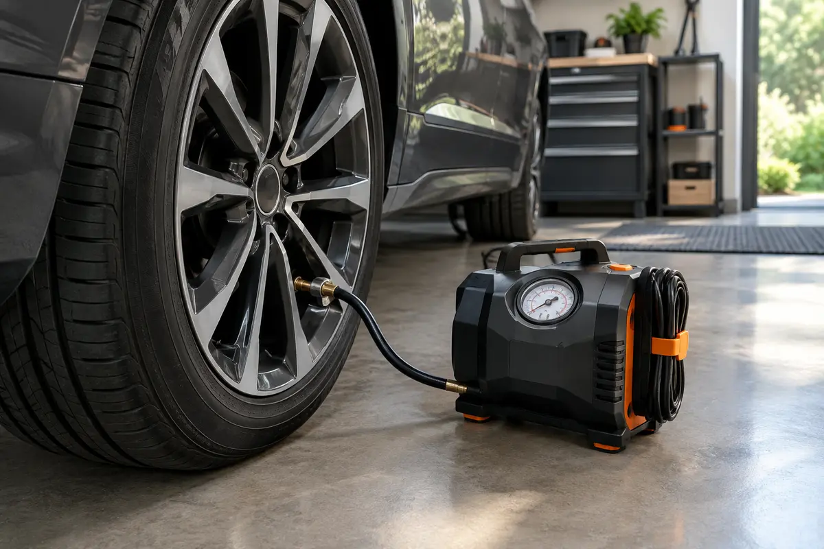 Compresseur portatif raccordé à la valve d’un pneu de voiture dans un garage