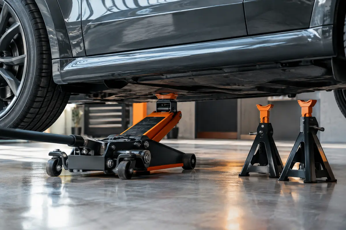 Cric hydraulique profil bas aligné avec le point de levage d’une voiture basse dans un garage