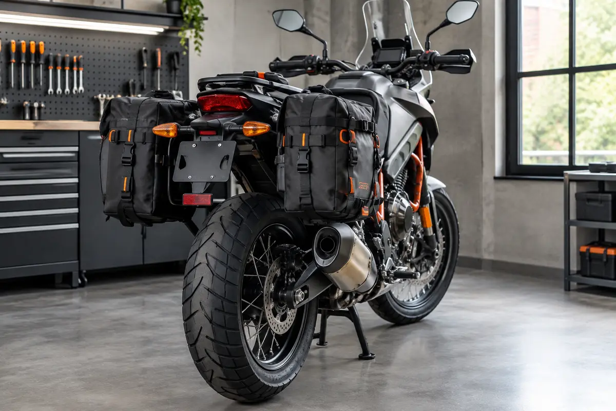 Sacoches latérales fixées sur une moto, dégagées de l’échappement, de la roue et des clignotants