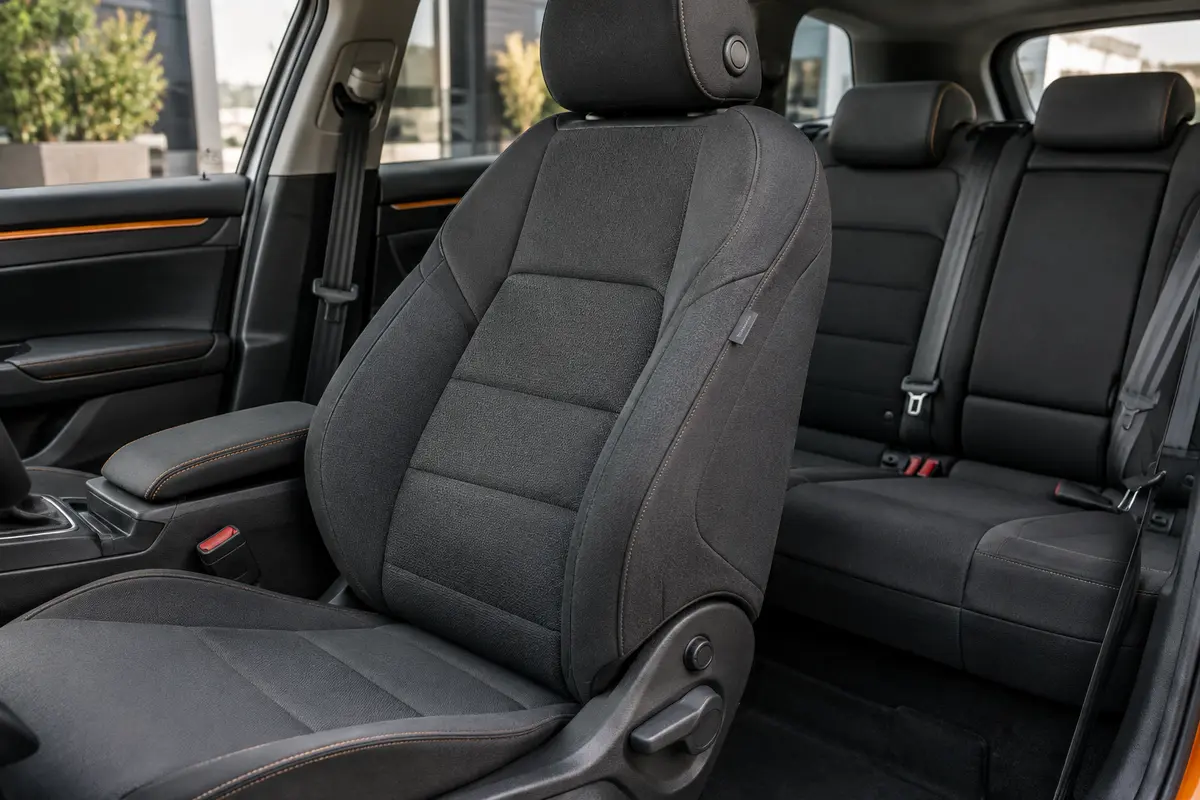 Siège auto avec housse ajustée, commandes latérales et couture d’airbag visibles