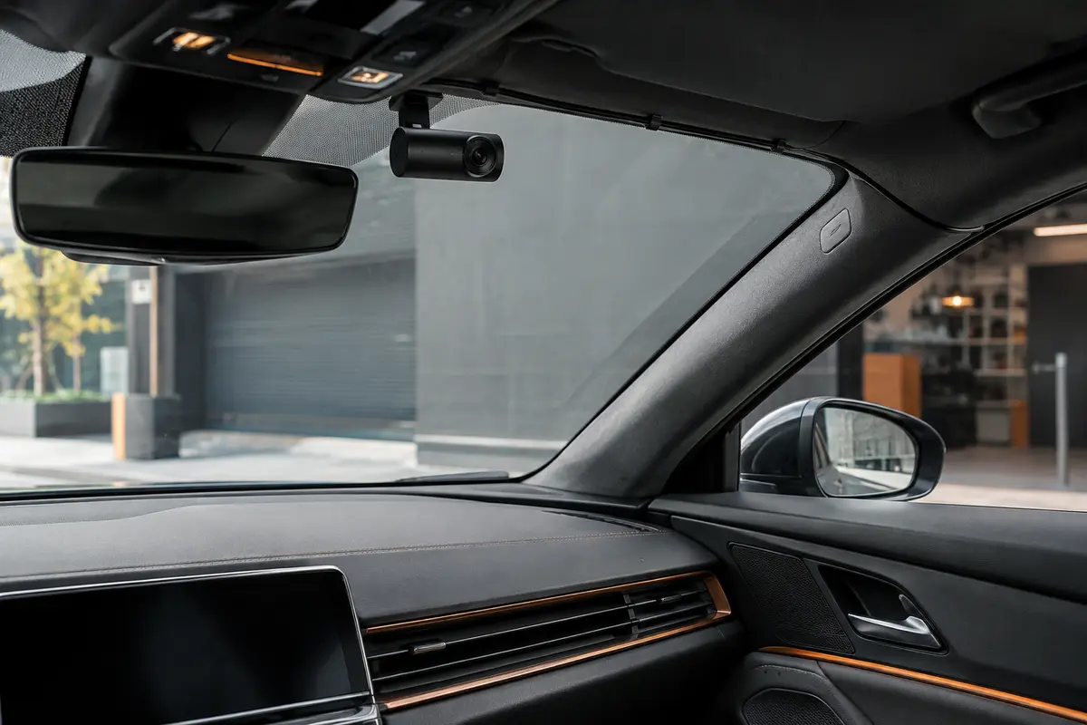 Dashcam compacte fixée derrière le rétroviseur, avec son câble guidé discrètement le long du ciel de toit.
