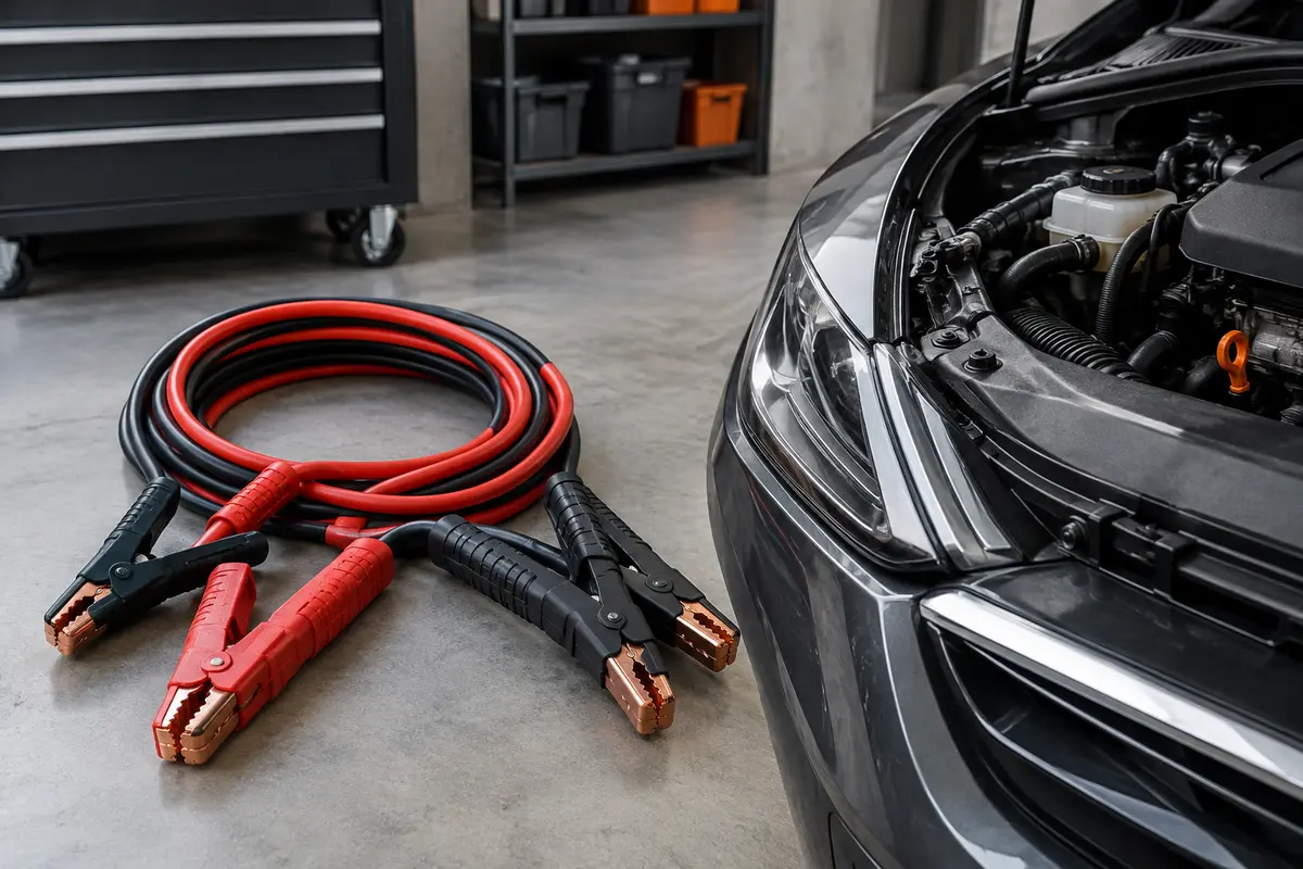 Câbles de démarrage auto avec pinces isolées disposés près du compartiment moteur d’une voiture