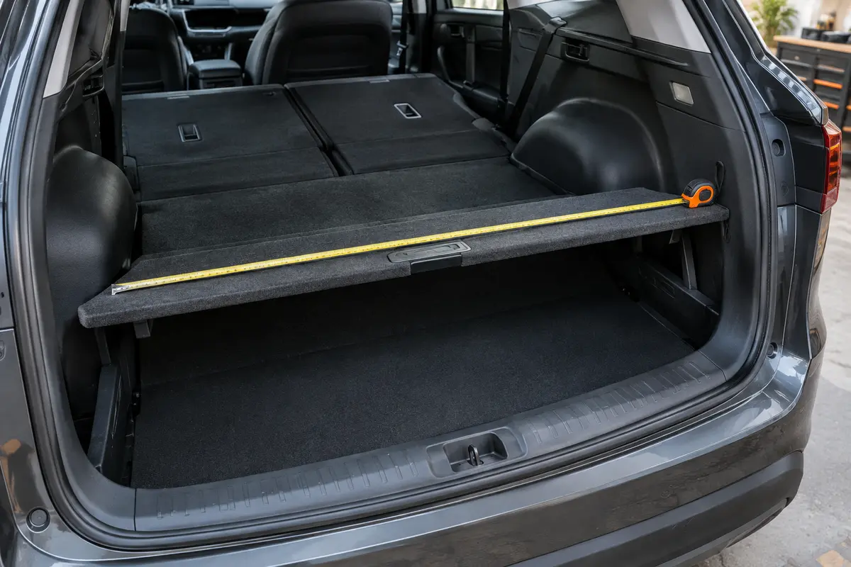 Mesure du plancher d’un coffre de voiture près du seuil et des passages de roue.