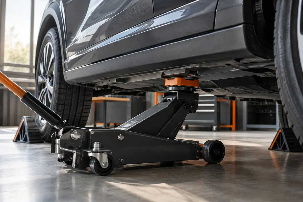 Cric aligné sur un point de levage renforcé sous le bas de caisse d’une voiture