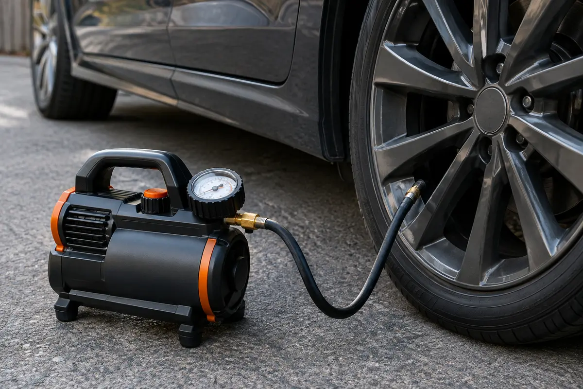 Compresseur portatif raccordé à la valve d’un pneu de voiture pour contrôler sa pression