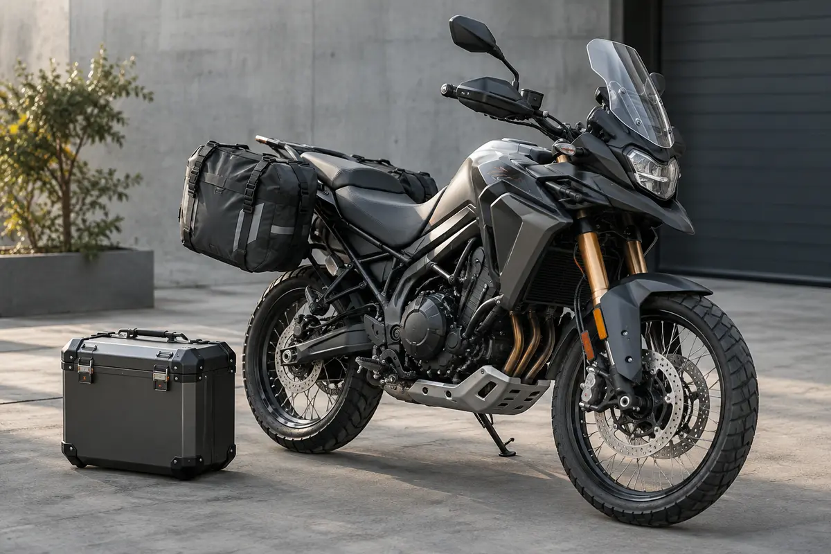 Moto de tourisme équipée de sacoches textiles souples et de sacoches rigides pour comparer les formats
