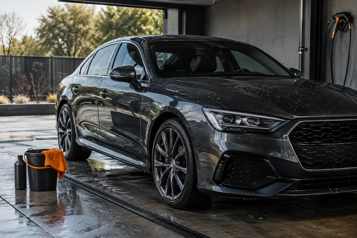 Carrosserie sombre rincée à l’ombre avec gouttes d’eau, seau et microfibre pour un lavage sans traces