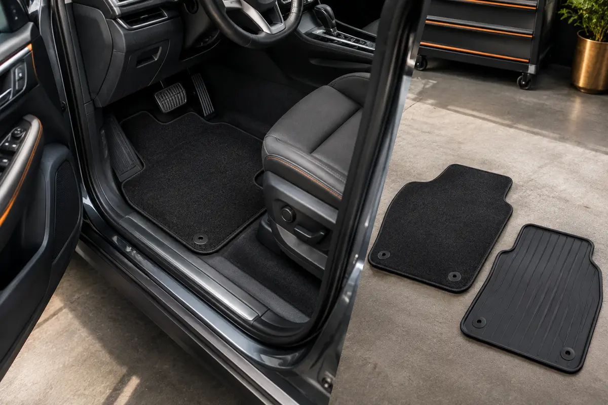 Tapis de voiture ajustés dans l’habitacle, avec leurs contours et leurs fixations visibles.