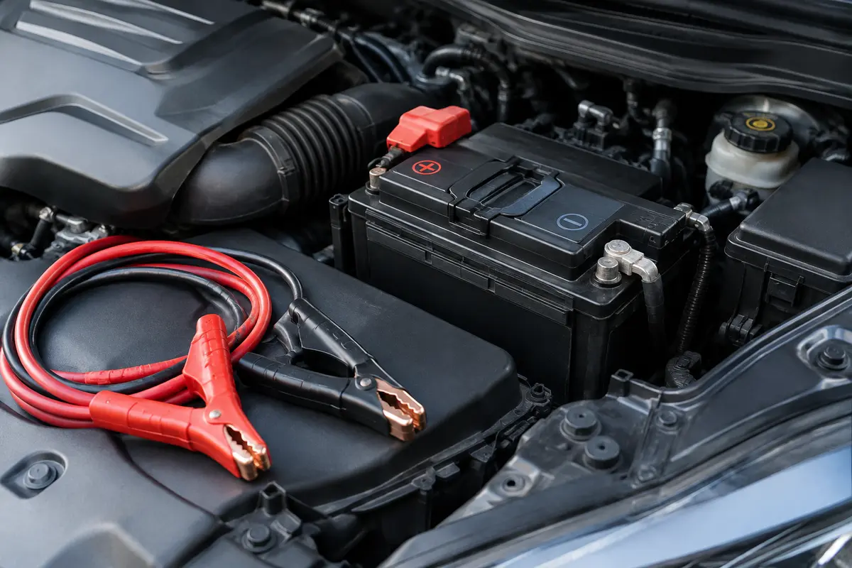 Batterie de voiture et câbles de démarrage disposés à proximité des repères de polarité