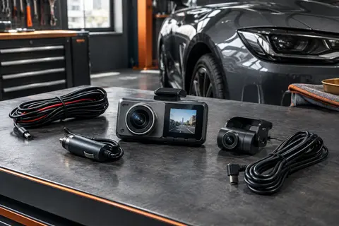 Dashcam noire 70mai avec caméra avant, écran compact et caméra arrière sur un établi d’atelier