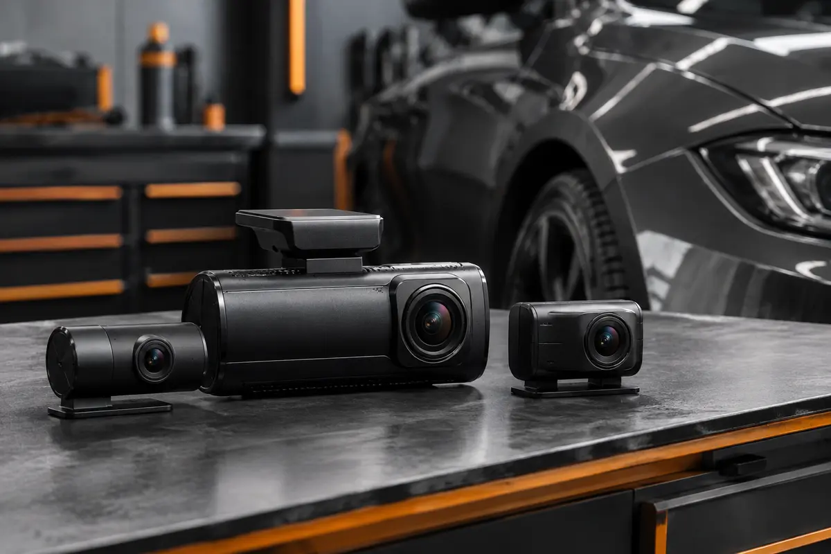 Dashcam noire à trois caméras installée dans une voiture, avec les modules avant, intérieur et arrière visibles