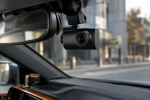 Dashcam noire 70mai fixée au pare-brise d’une voiture anthracite dans un atelier sobre