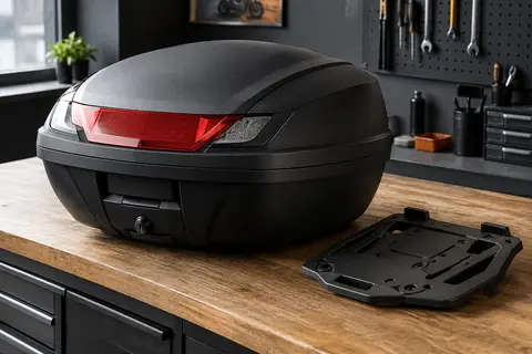 Top case moto noir de 48 litres avec réflecteur intégré et plaque de fixation, posé dans un atelier soigné.