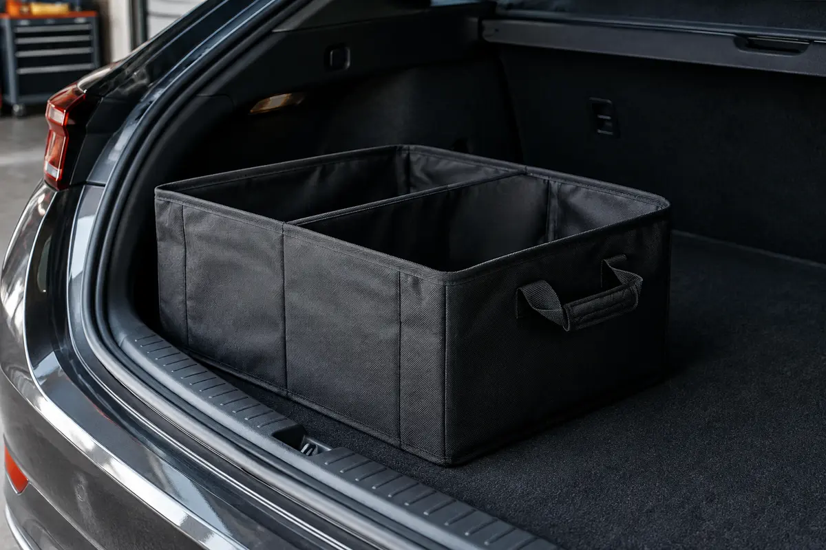 Organisateur de coffre pliable en polyester noir avec deux compartiments et poignées matelassées.
