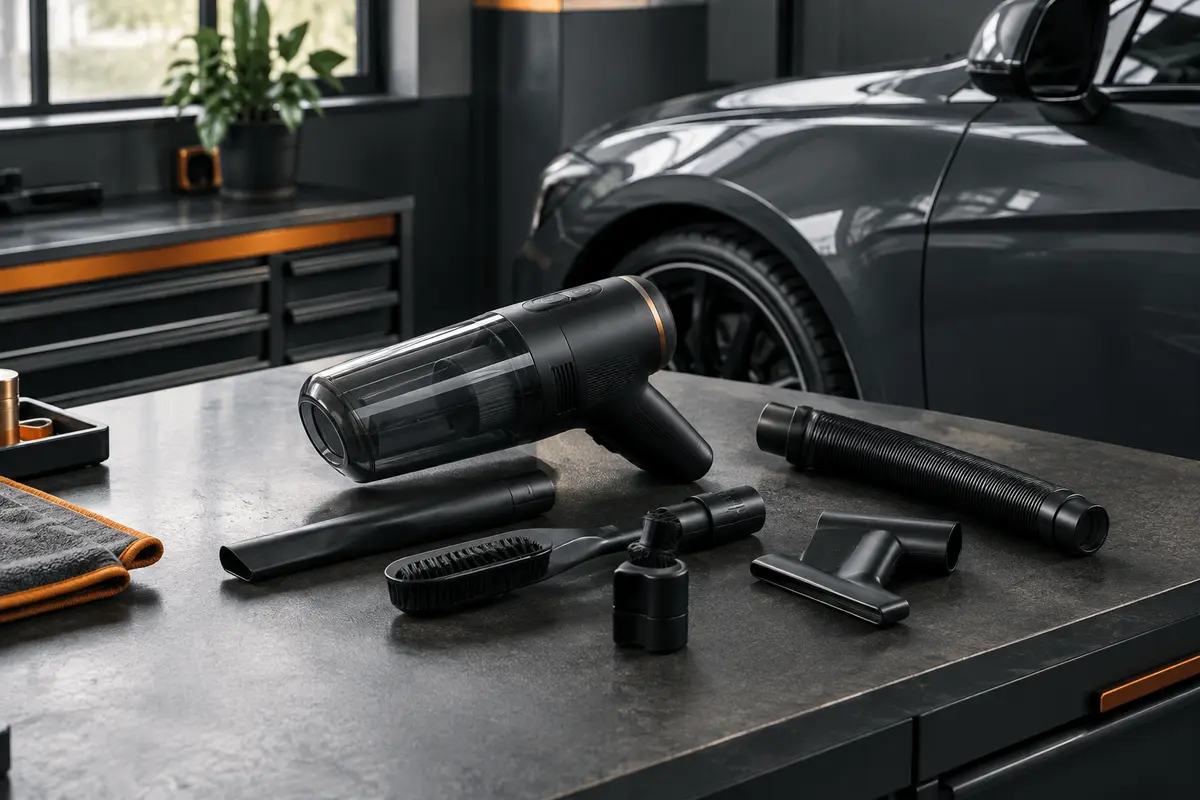 Aspirateur portatif noir sans fil présenté avec ses embouts dans un atelier urbain près d’une voiture