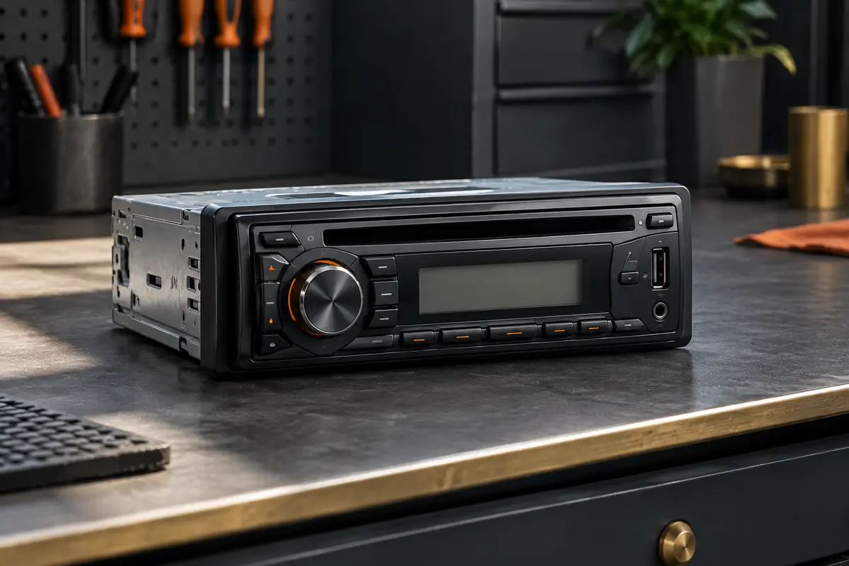 Autoradio noir 1-DIN avec lecteur CD/DVD, commandes mécaniques et écran LCD sur un établi d’atelier