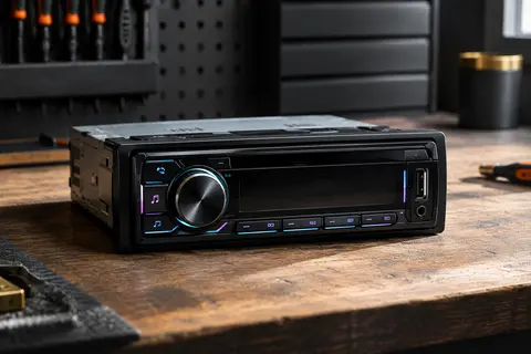 Autoradio noir Alpine UTE-200BT avec port USB en façade et boutons à éclairage RGB dans un atelier sobre.