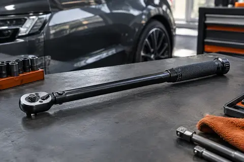 Clé dynamométrique noire à cliquet réversible de 1/2″ avec sa valise posée sur un établi d’atelier