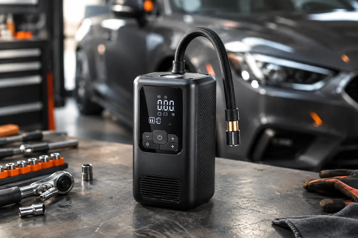 Compresseur de pneus sans fil noir avec écran numérique et lampe, posé près d’une roue dans un atelier