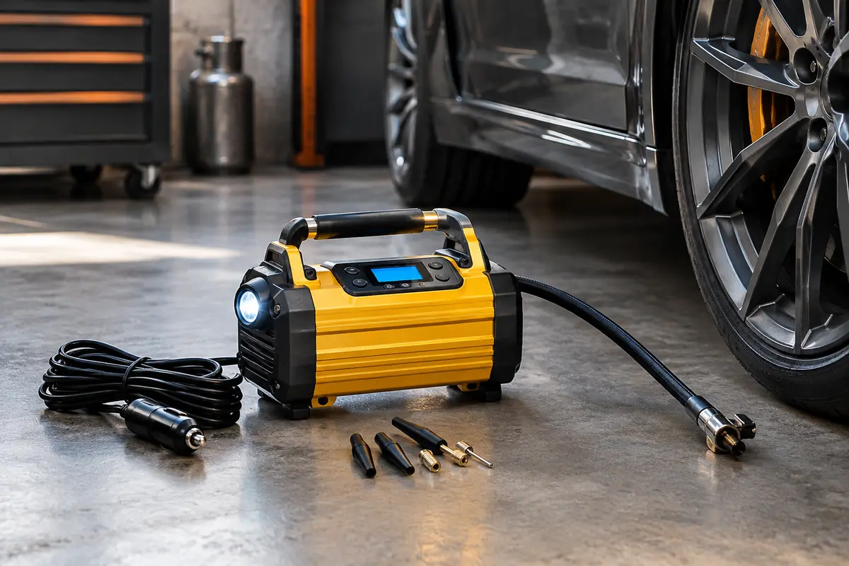 Compresseur portatif jaune avec écran LCD, tuyau et câble, posé sur un établi d’atelier automobile.