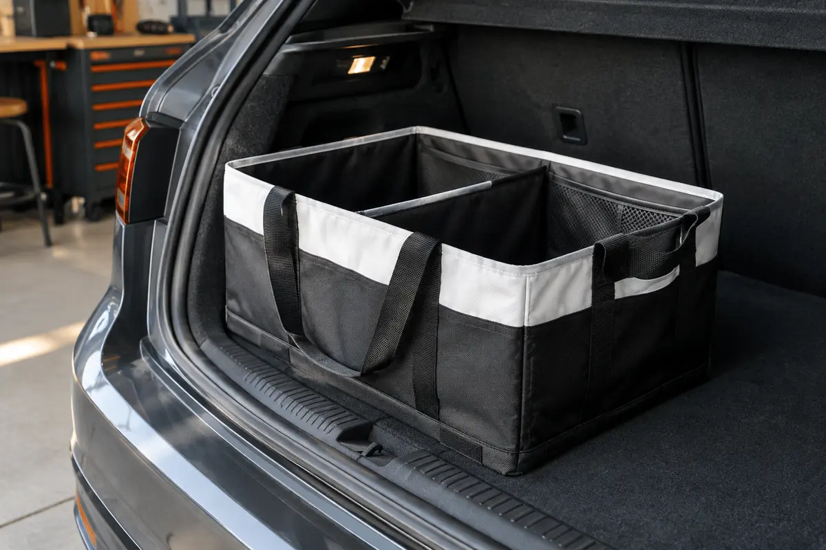 Organisateur de coffre pliable noir et blanc en tissu Oxford, ouvert avec ses compartiments et sa poche filet