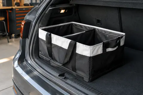 Organisateur de coffre pliable noir et blanc en tissu Oxford, ouvert avec ses compartiments et sa poche filet
