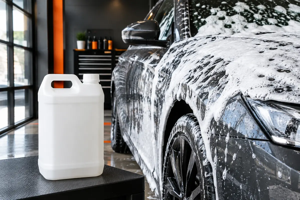 Bidon blanc de mousse de prélavage à côté d’une carrosserie anthracite couverte de mousse