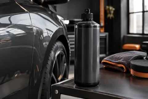 Flacon de polish carrosserie de 1 L près d’une carrosserie anthracite dans un atelier soigné.