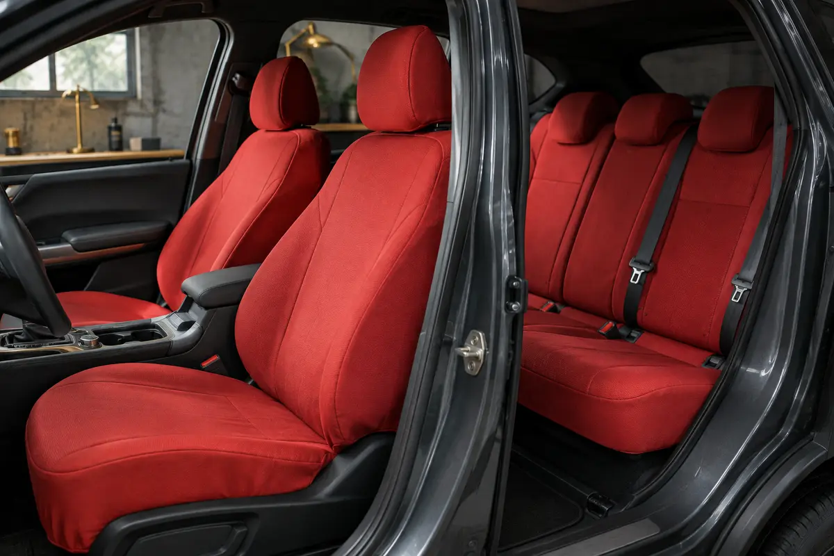 Housses de siège auto rouges en polyester installées sur les sièges avant et la banquette arrière