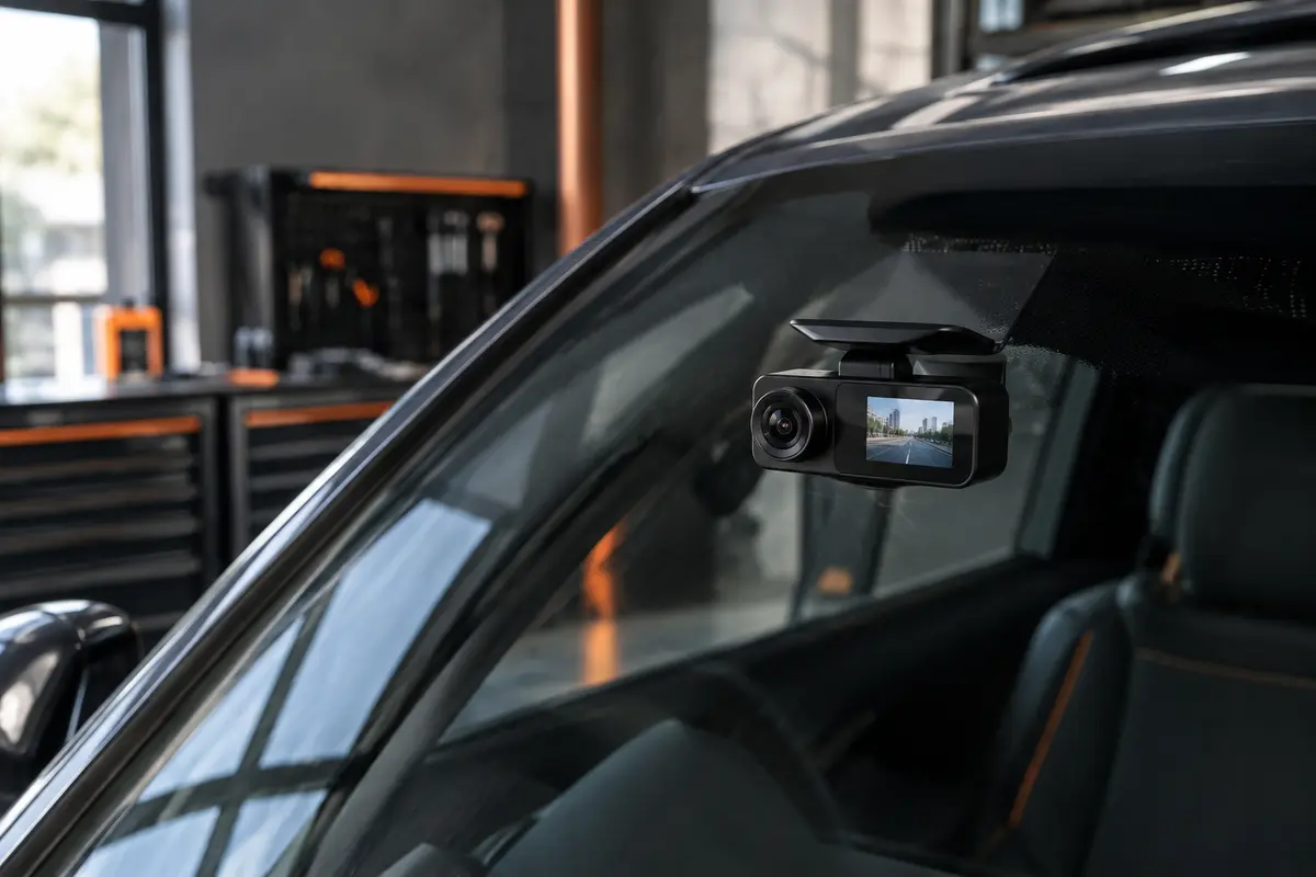 Dashcam Avylet noire compacte avec objectif frontal et petit écran, présentée près du pare-brise d’une voiture