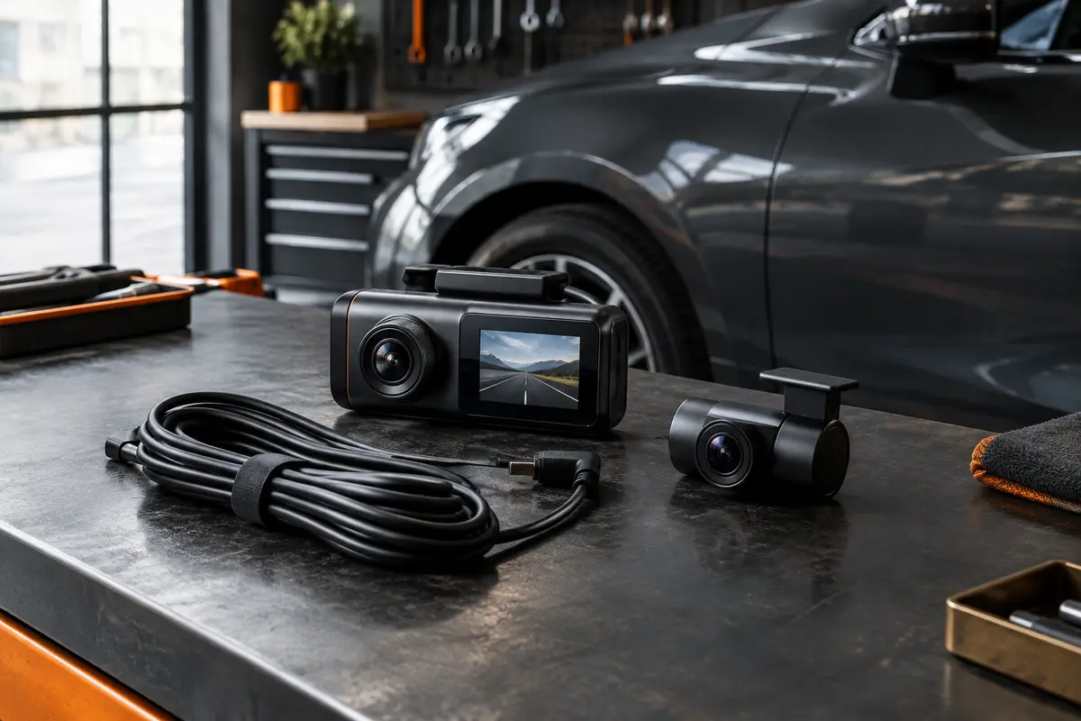 Dashcam noire à écran intégré accompagnée de sa caméra arrière, présentées sur un établi d’atelier sobre.