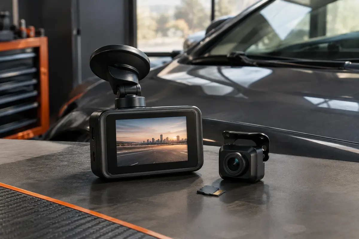 Dashcam noire Azdome avec écran intégré installée sur le pare-brise d’une voiture anthracite