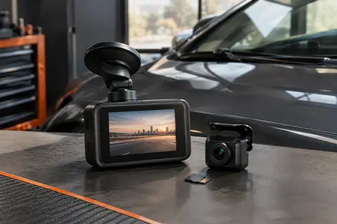 Dashcam noire Azdome avec écran intégré installée sur le pare-brise d’une voiture anthracite