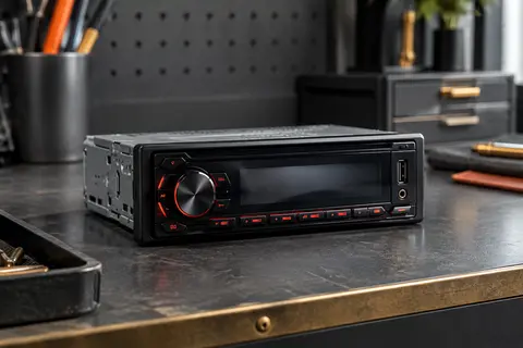 Autoradio 1-DIN noir avec écran numérique, touches rouges et prises USB et AUX en façade