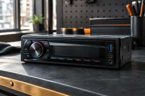 Autoradio 1-DIN noir avec façade éclairée et port USB visible sur un établi d’atelier
