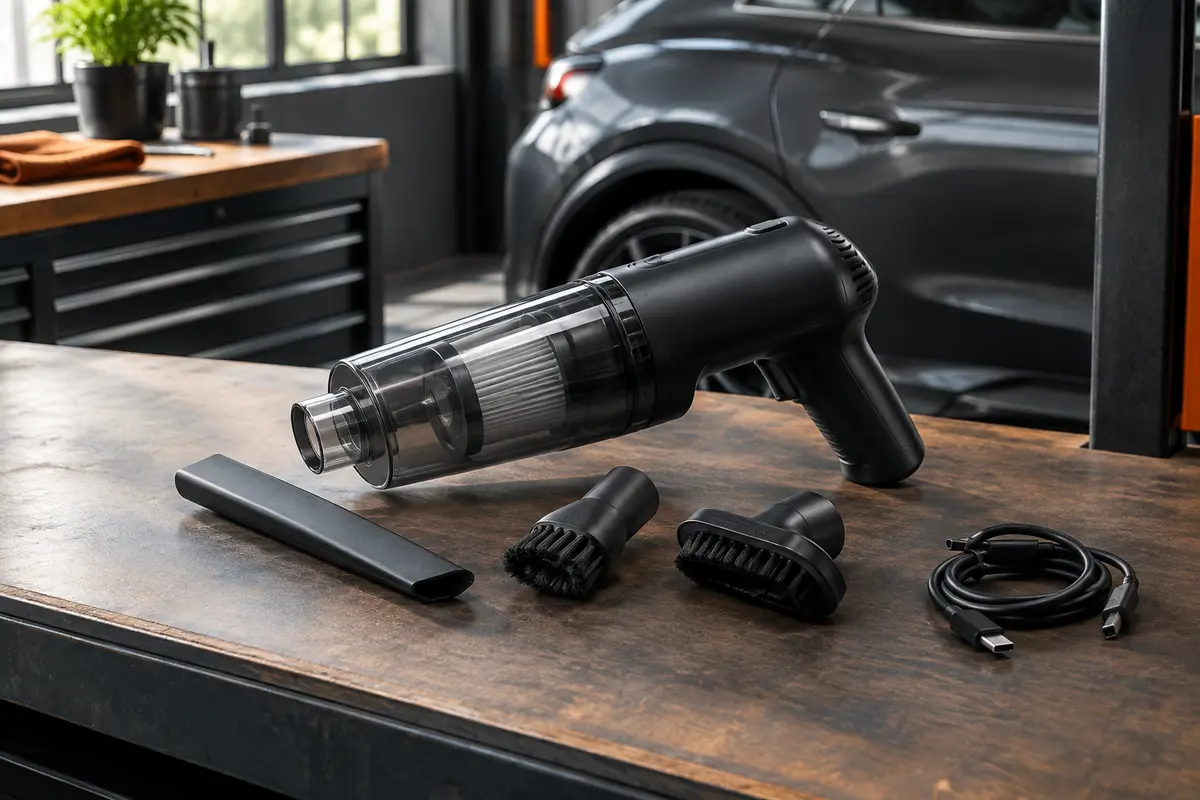 Aspirateur à main noir accompagné d’un suceur plat et de brosses, posé près d’un tapis de voiture
