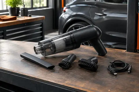 Aspirateur à main noir accompagné d’un suceur plat et de brosses, posé près d’un tapis de voiture