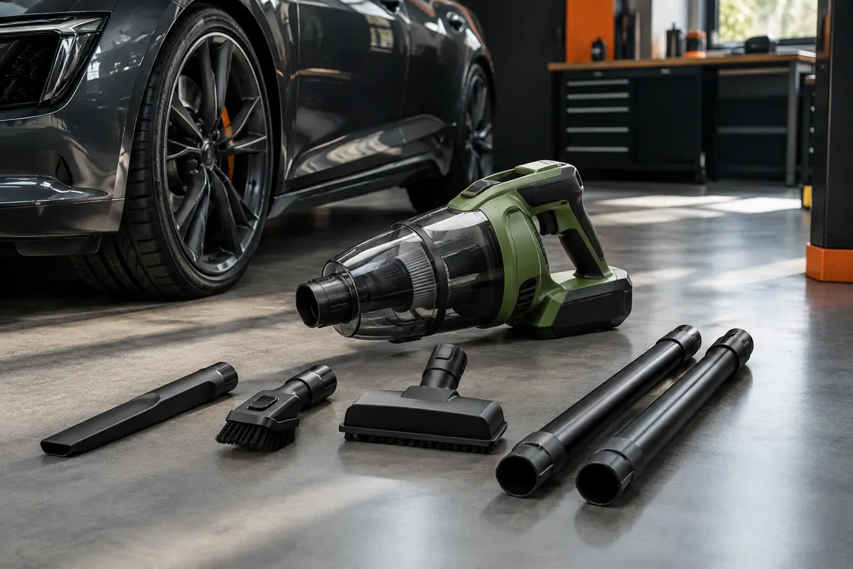 Aspirateur portatif Bosch vert et noir avec batterie, suceurs et tubes rallonges dans un atelier près d’une voiture.