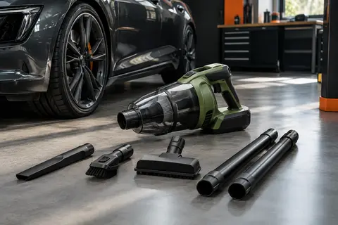 Aspirateur portatif Bosch vert et noir avec batterie, suceurs et tubes rallonges dans un atelier près d’une voiture.