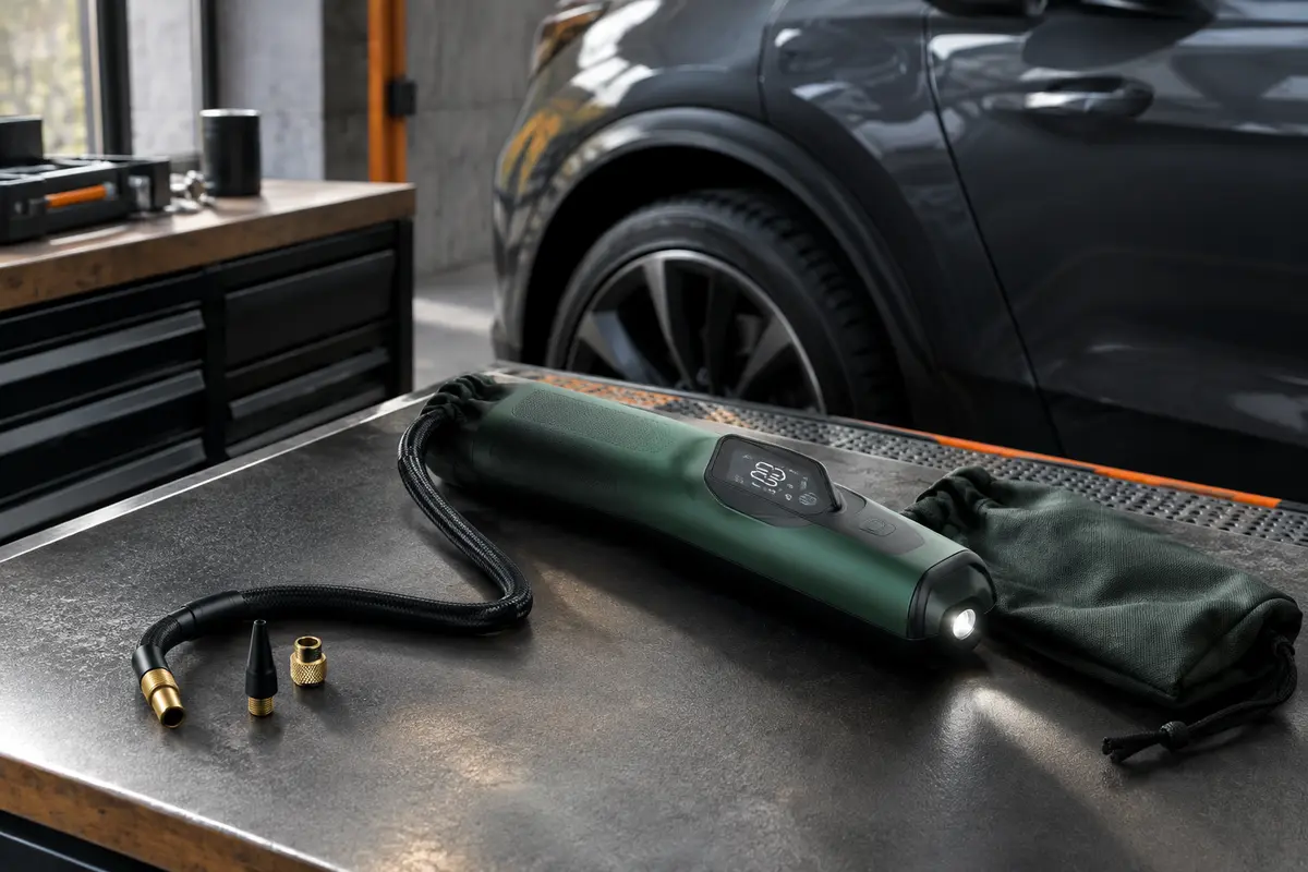 Mini-compresseur électrique Bosch EasyPump vert avec écran, éclairage LED et tuyau flexible dans un atelier