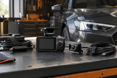 Dashcam Botslab noire avec écran LCD, caméra arrière et câbles posés sur un établi d’atelier.