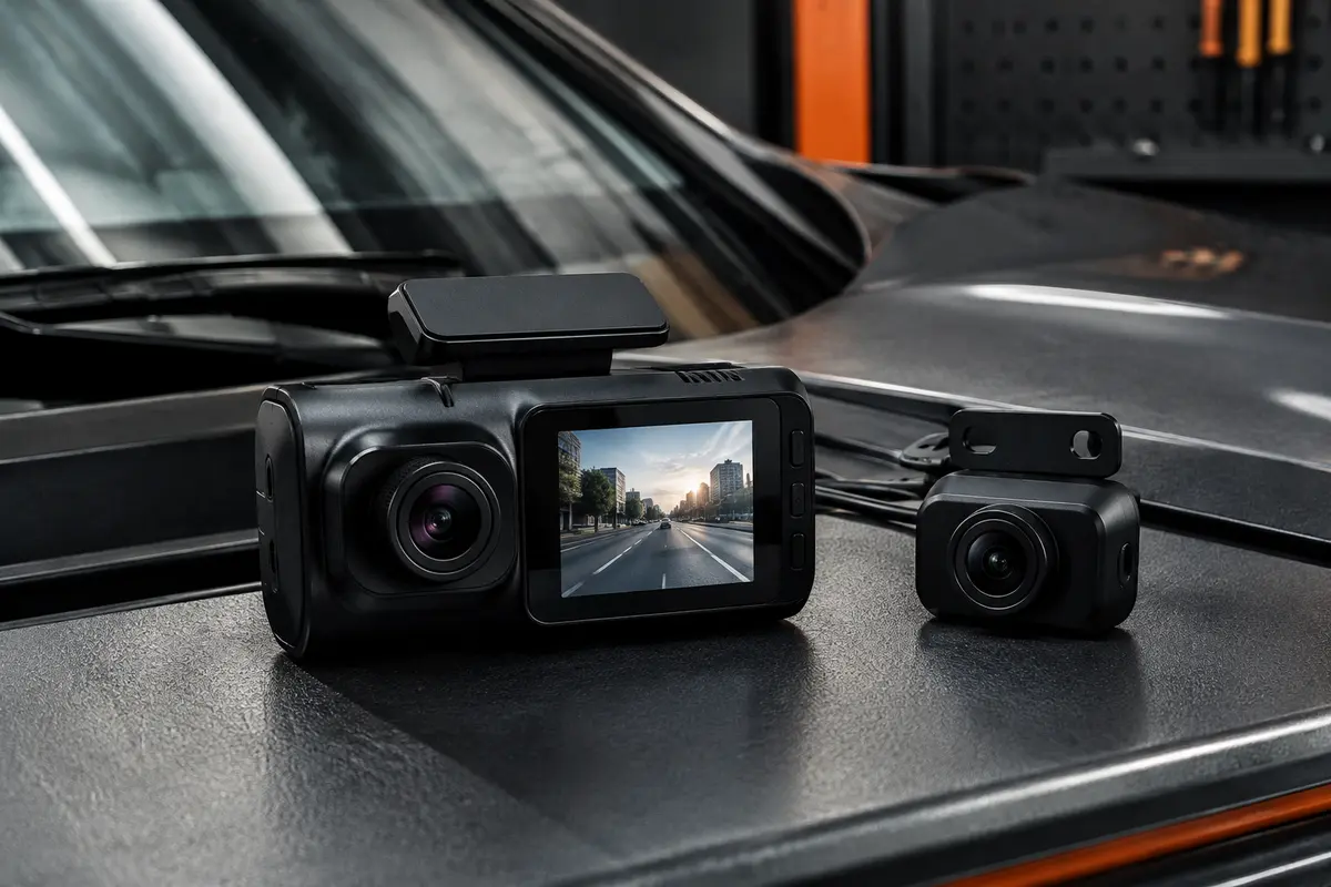 Dashcam avant noire avec écran compact et caméra arrière assortie, posées dans un atelier urbain soigné.