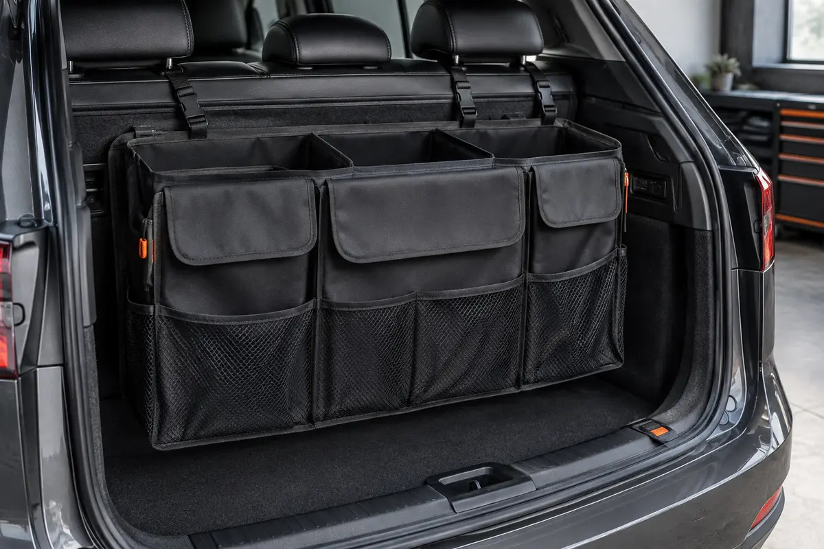 Organisateur de coffre noir à huit poches, fixé au dossier arrière d’un SUV